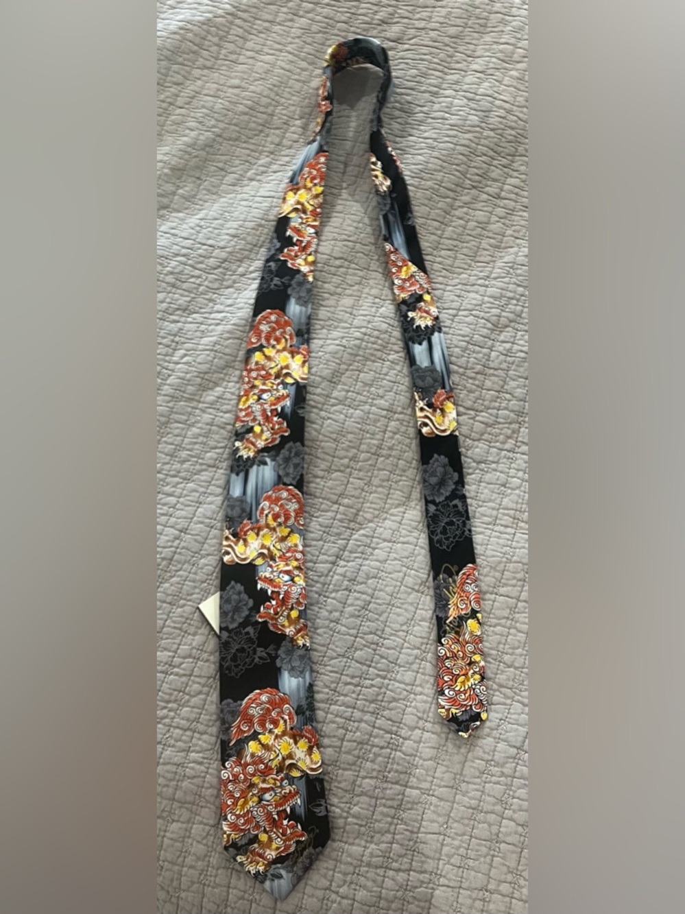 Christian Audigier Black Tie with Red, Yellow & Gray Dragon Design